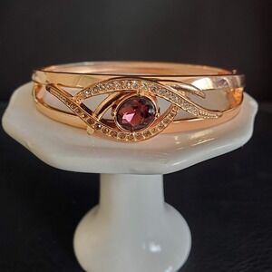 Rose Gold Tone Evil Eye Hinged Bangle‎ Bracelet Purple Stone Rhinestone 7 Inch